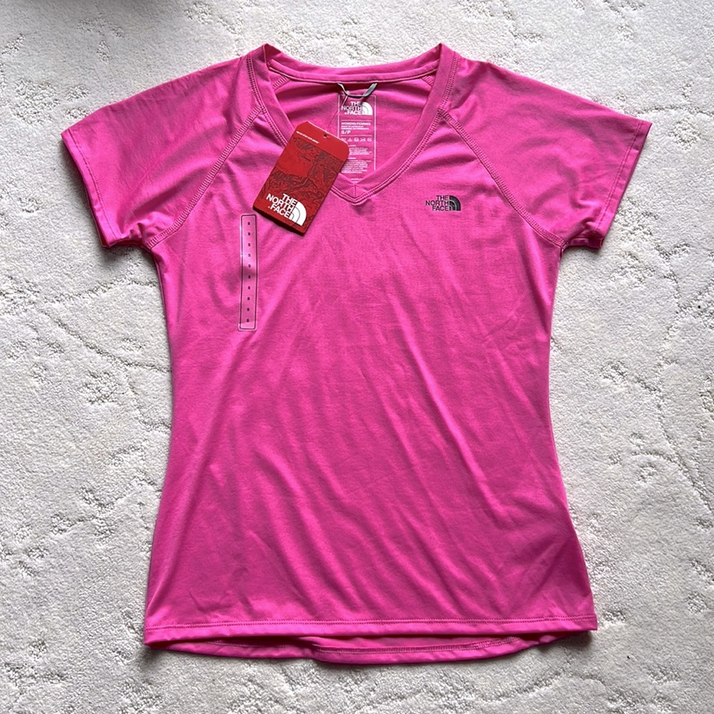NWT Pink The North Face Black Logo on upper left Corner VNeck Tshirt